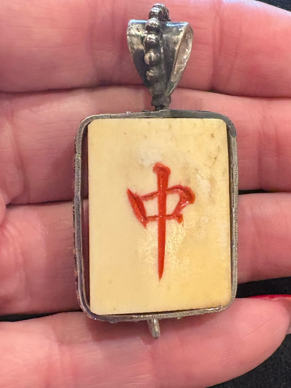 Antique Mahjong Tile Pendant hand set in Sterling Silver Bezel